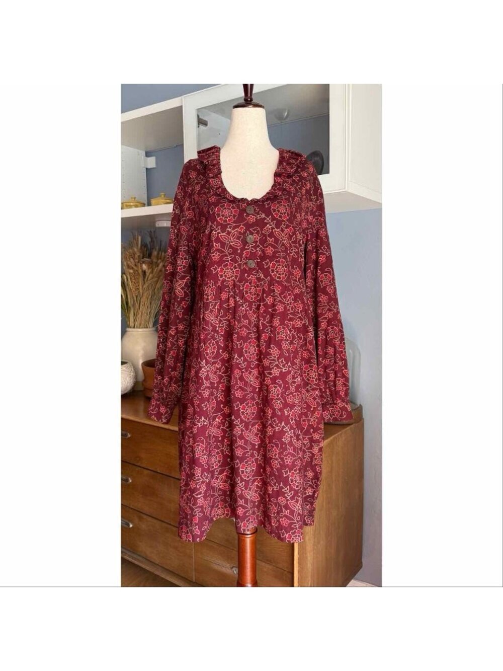 April Cornell Dress Size XL Cotton Floral Ruffle Pomegranate Burgundy Cottage
